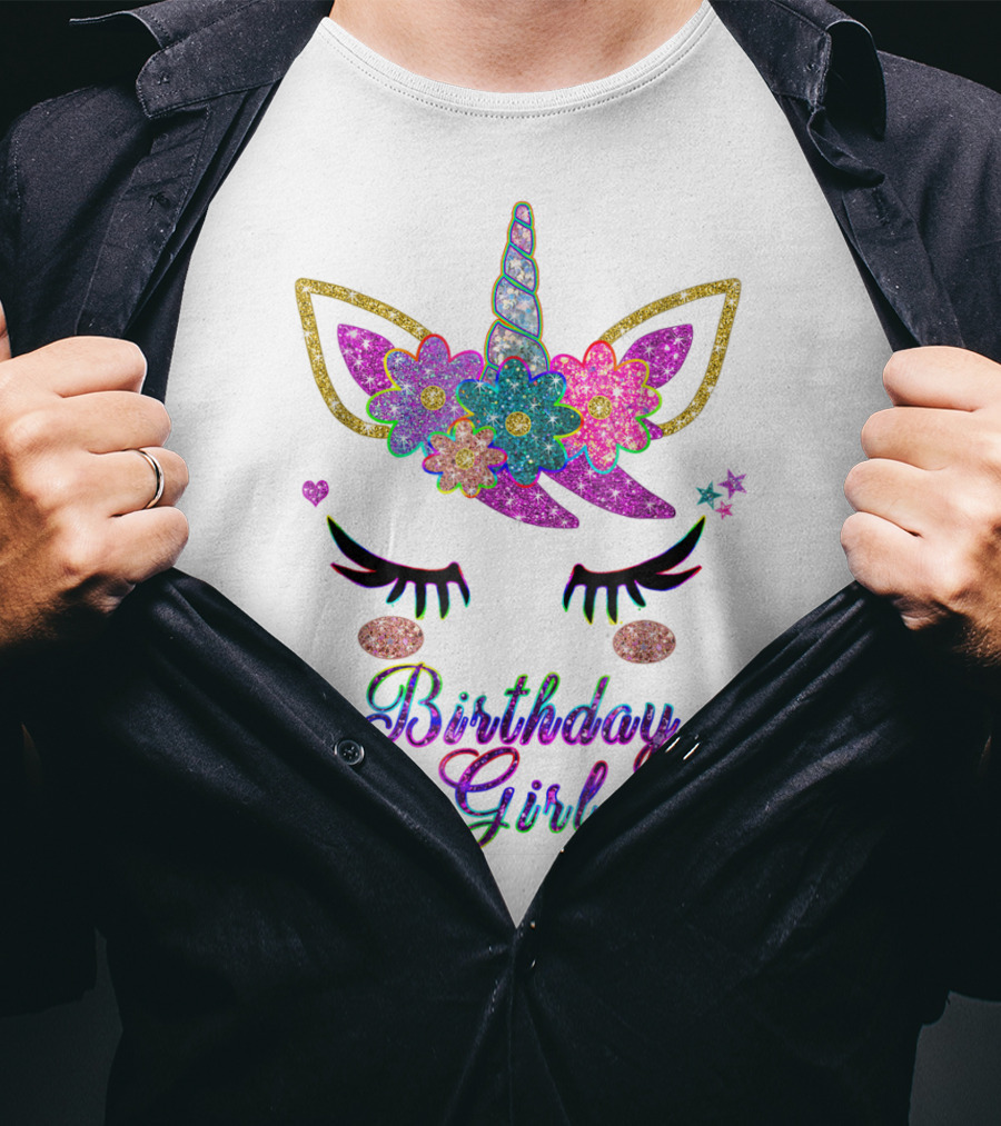 Rainbow Glitter Unicorn Birthday Girl Flowers Stars T-Shirt