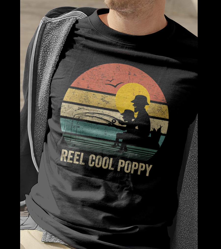 Reel Cool Poppy Vintage Fisherman Father's Retro Style Sun T-Shirt