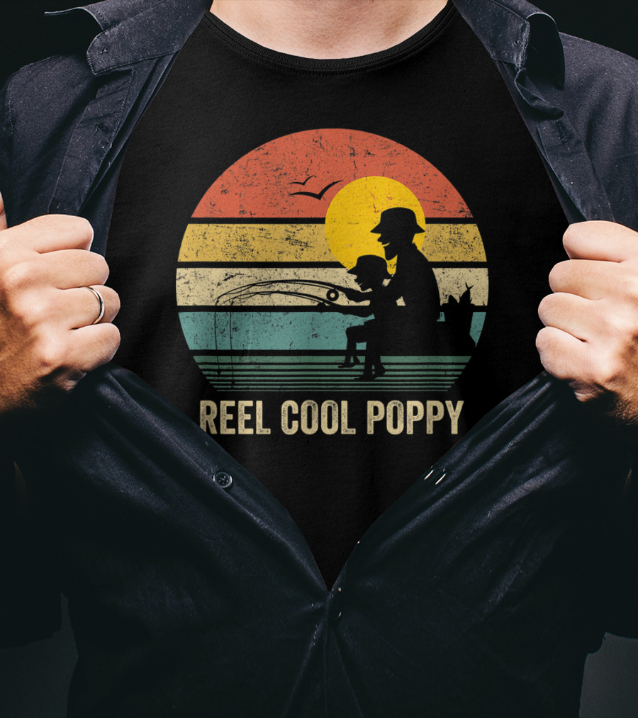 Reel Cool Poppy Vintage Fisherman Father's Retro Style Sun T-Shirt