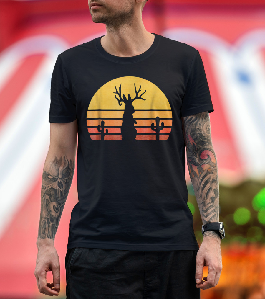 Retro Eighties Sunset Jackalope Silhouette With Cactus Vintage Cryptid T-Shirt