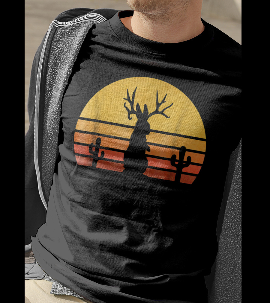 Retro Eighties Sunset Jackalope Silhouette With Cactus Vintage Cryptid T-Shirt