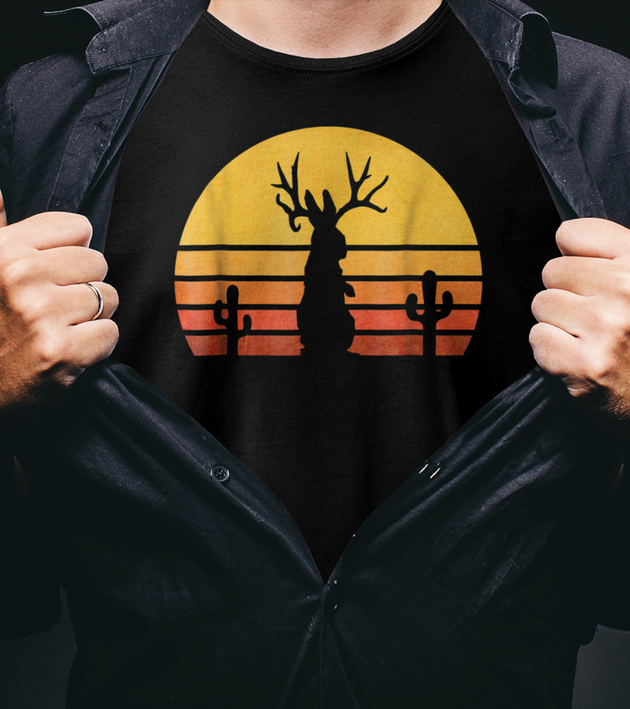 Retro Eighties Sunset Jackalope Silhouette With Cactus Vintage Cryptid T-Shirt