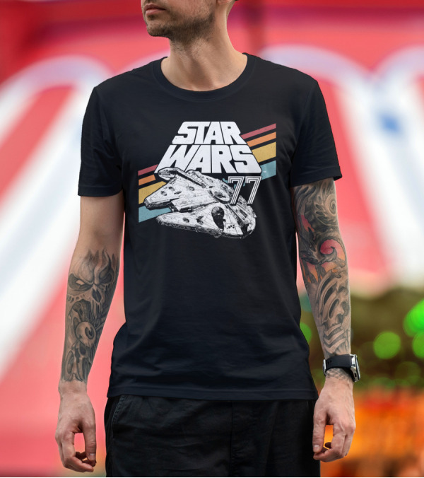 Premium T-Shirt: Star Wars 77 Millennium Falcon Rainbow Stripes T-Shirt Star Wars 77 Millennium Falcon Rainbow Stripes T-Shirt
