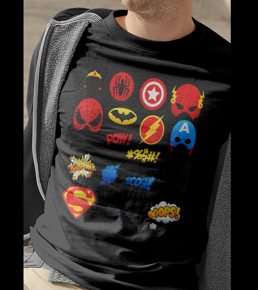 Superheroes Icons Spider Captain Batman Flash Wonder Emoji KABOOM POW OOOOPS Super T-Shirt