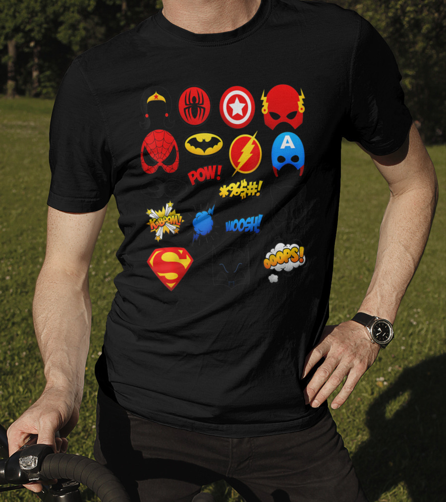Superheroes Icons Spider Captain Batman Flash Wonder Emoji KABOOM POW OOOOPS Super T-Shirt