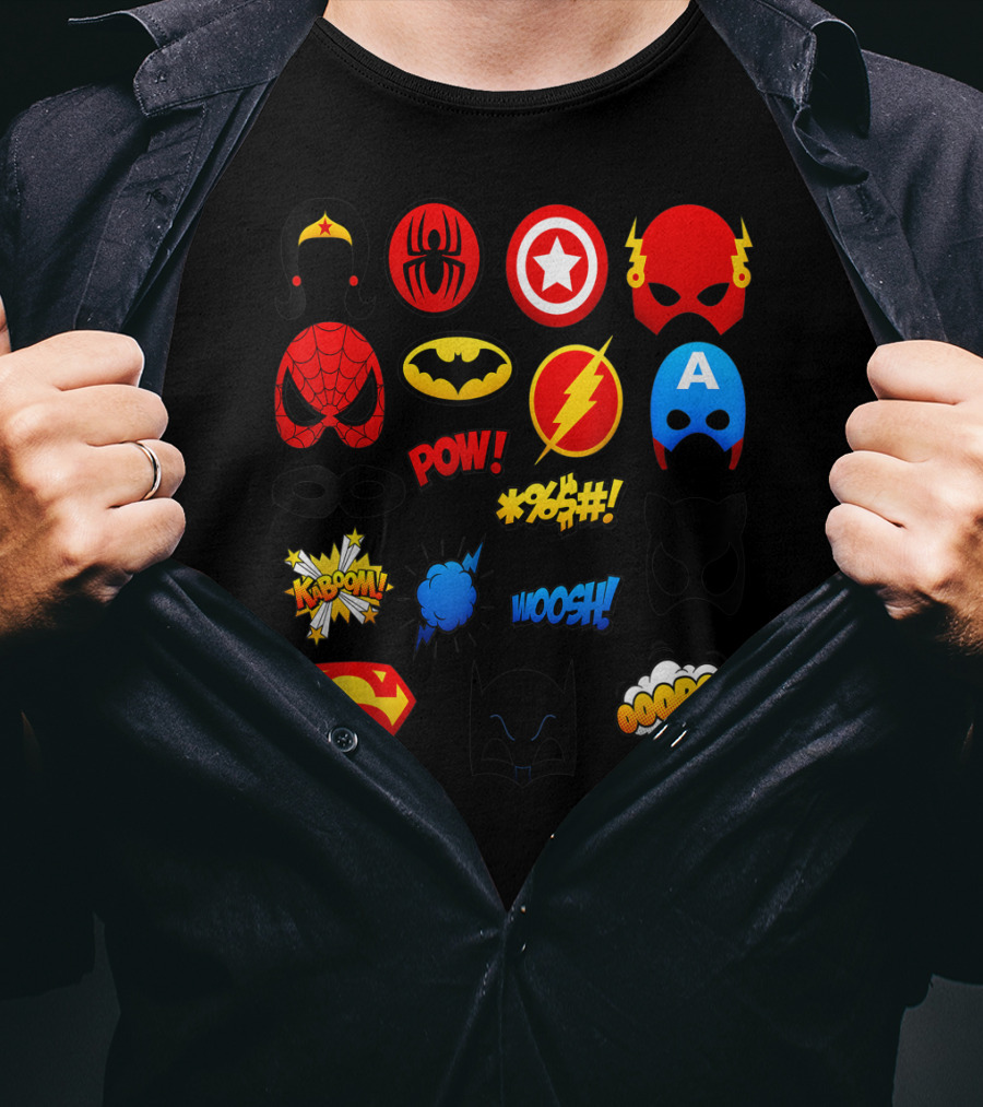 Superheroes Icons Spider Captain Batman Flash Wonder Emoji KABOOM POW OOOOPS Super T-Shirt