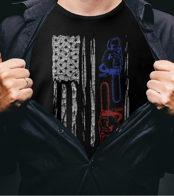 US FLAG CHAINSAW Lumberjack Logger Lumber Patriotic Chainsaws T-Shirt