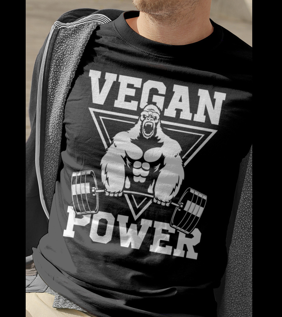 Vegan Power Gorilla Weightlifting Strength Fitness T-Shirt