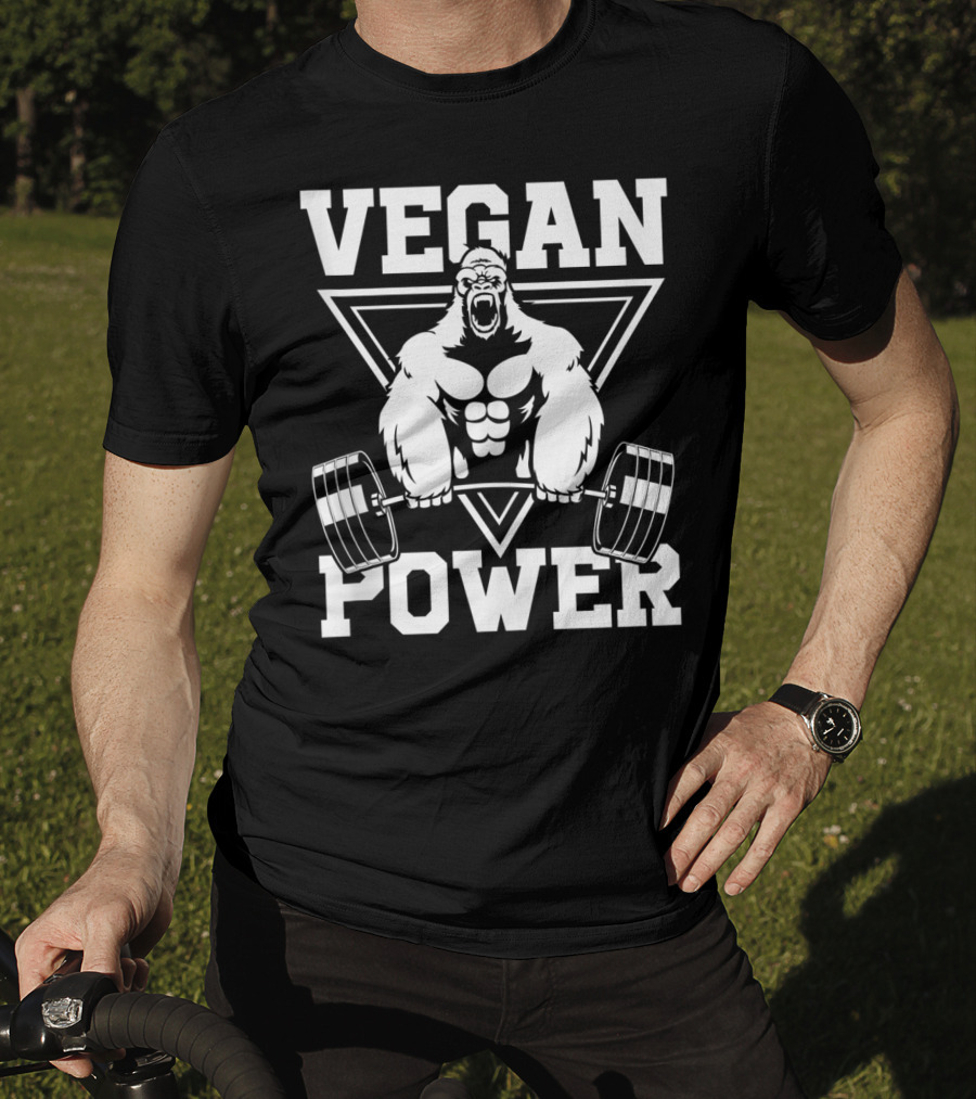 Vegan Power Gorilla Weightlifting Strength Fitness T-Shirt