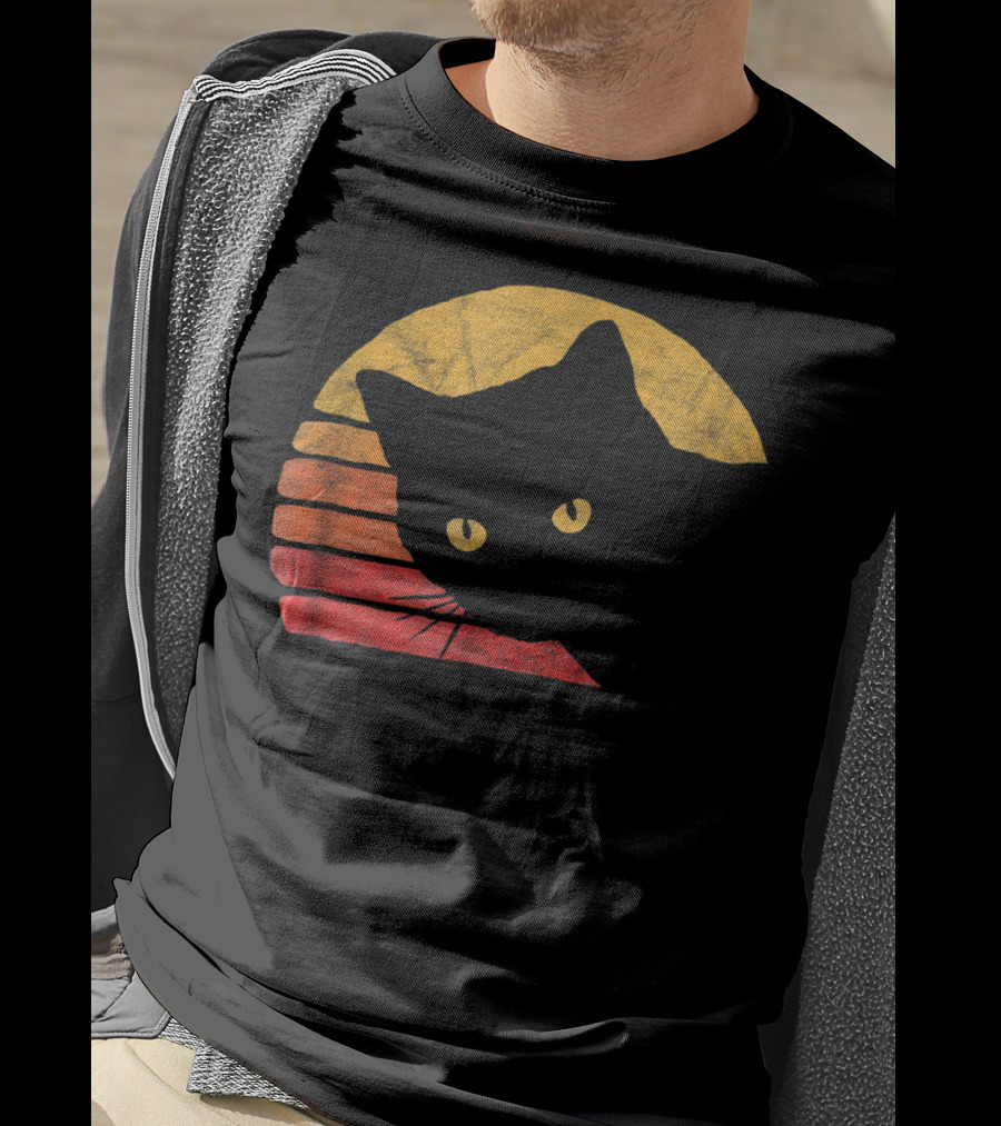 Vintage Eighties Style Cat Distressed Silhouette Retro Sunset T-Shirt