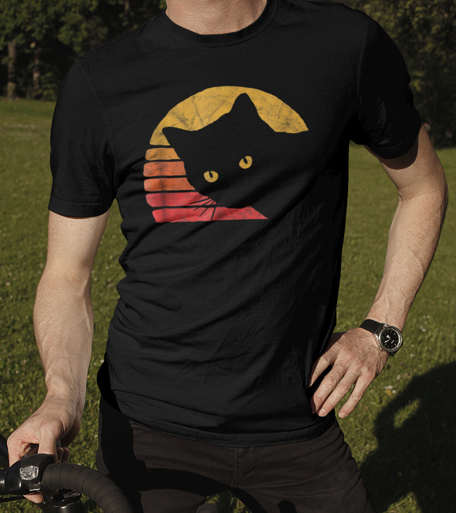Vintage Eighties Style Cat Distressed Silhouette Retro Sunset T-Shirt
