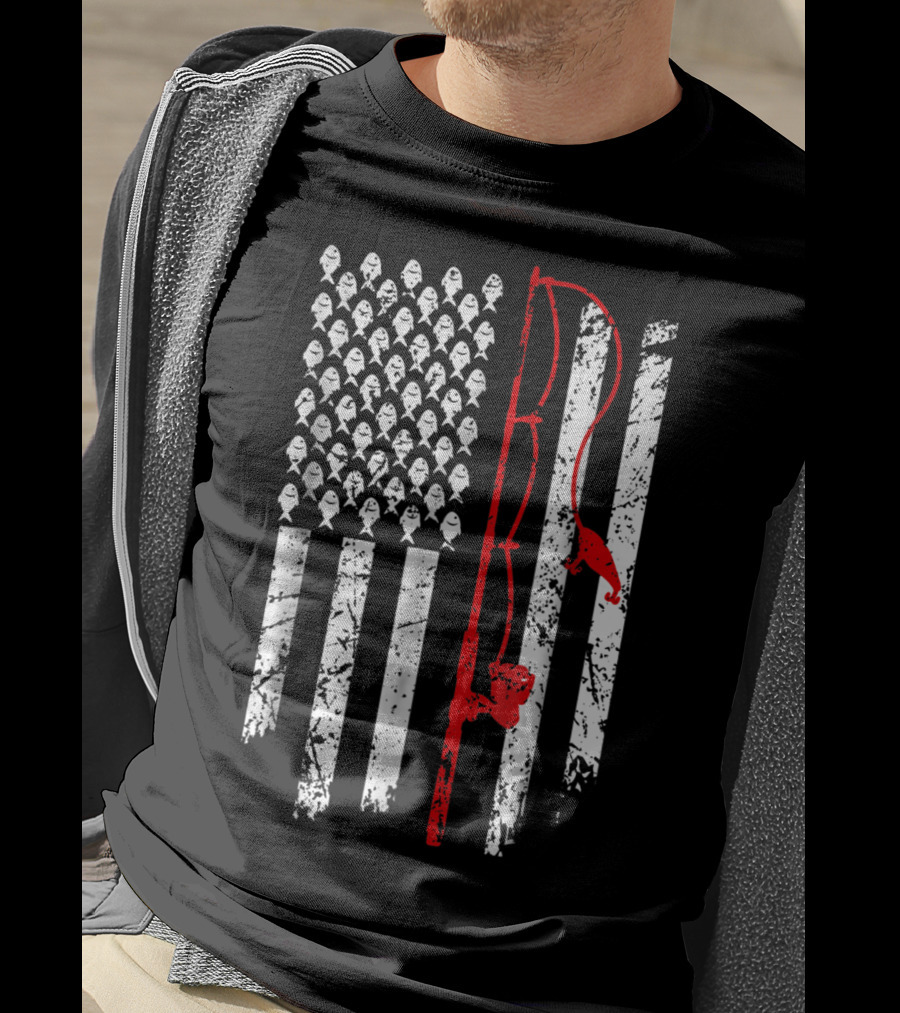 Vintage Fishing Clothes American Flag Bass Fishing Rod Fish T-Shirt