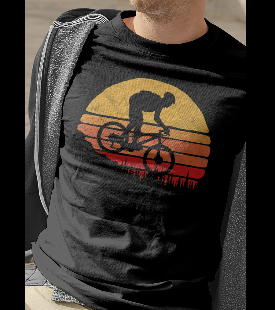 Vintage Mountain Biking Sunset Silhouette Forest Trail T-Shirt