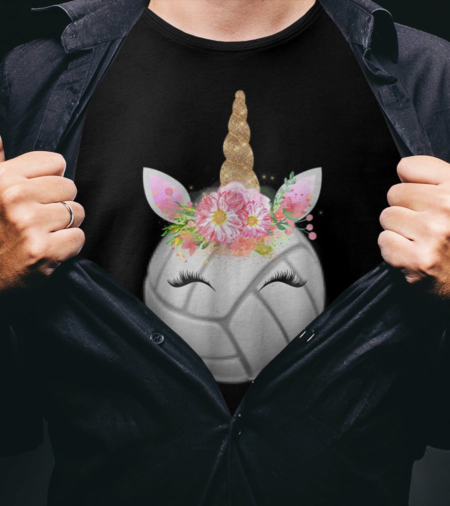 Volleyball Unicorn Funny Sport Love Girls Magical Flower Horn T-Shirt