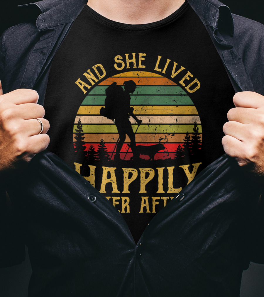 And She Lived Happily Ever After Hiking Vintage Sunset Forest T-Shirt