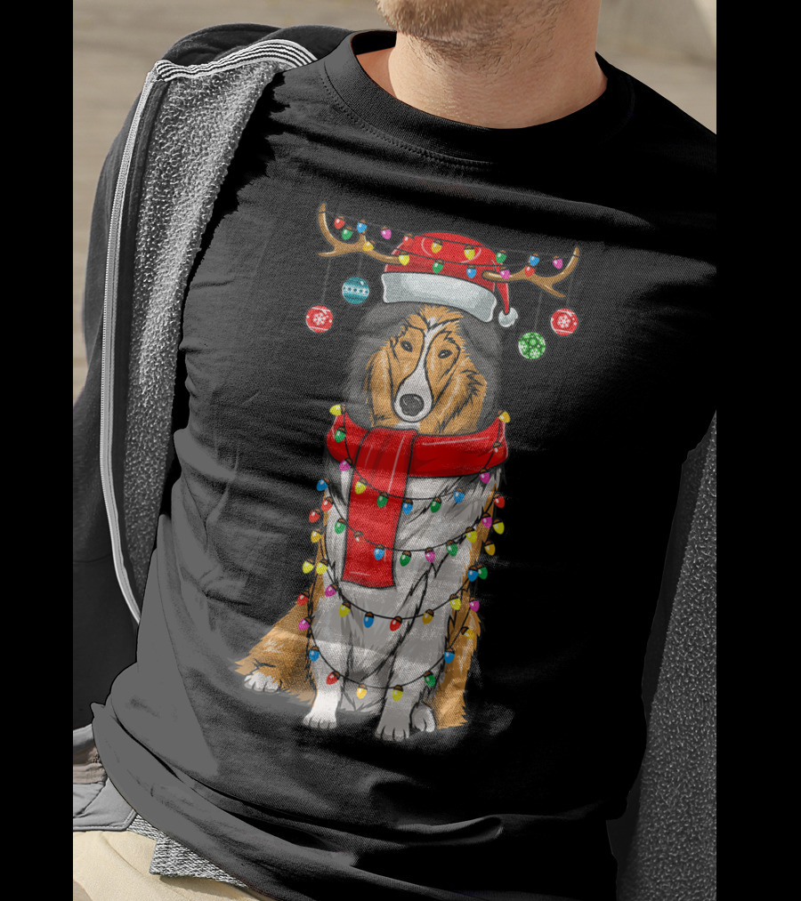 Christmas Cute Collie Dog Wrapped In Holiday Lights With Santa Hat And Antlers T-Shirt