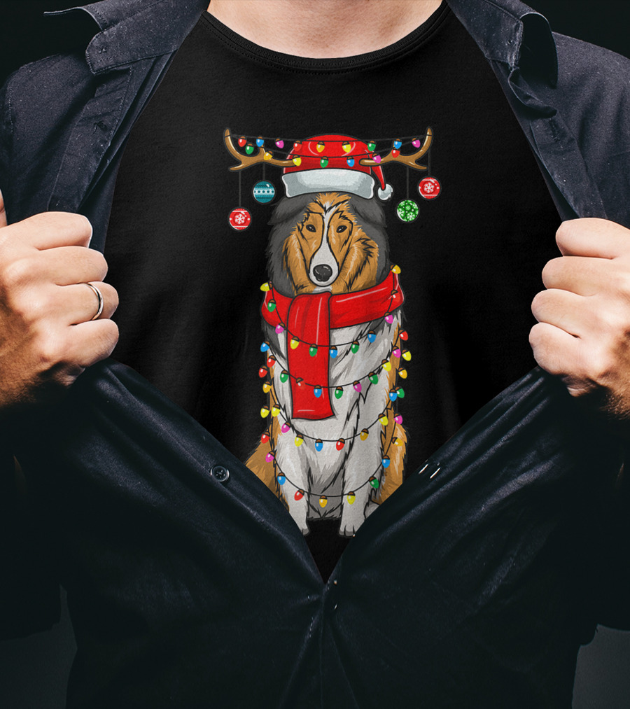 Christmas Cute Collie Dog Wrapped In Holiday Lights With Santa Hat And Antlers T-Shirt
