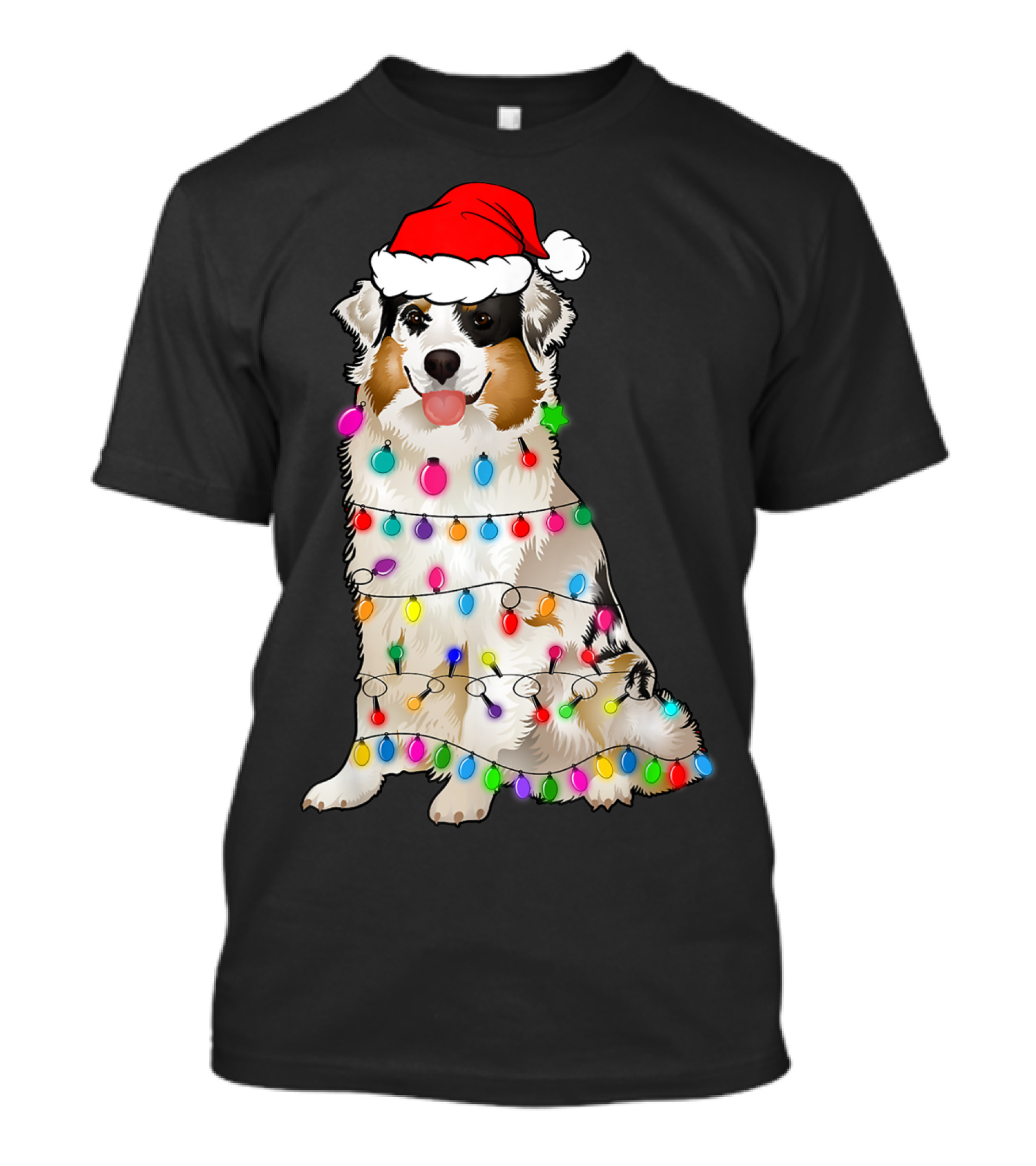 Australian Shepherd Wrapped In Christmas Lights With Santa Hat T-Shirt