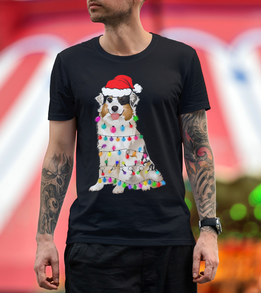 Australian Shepherd Wrapped In Christmas Lights With Santa Hat T-Shirt