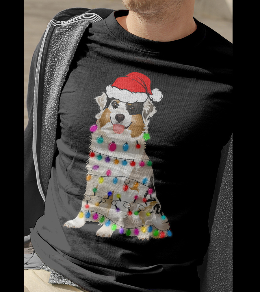 Australian Shepherd Wrapped In Christmas Lights With Santa Hat T-Shirt