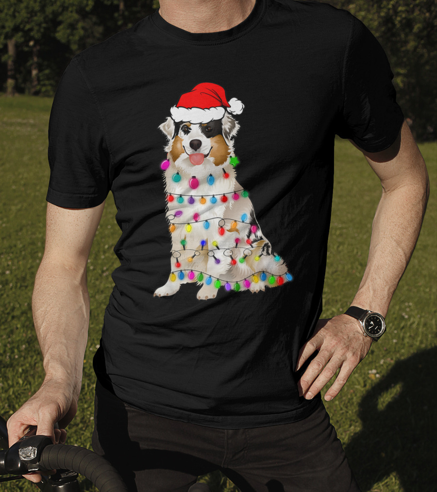 Australian Shepherd Wrapped In Christmas Lights With Santa Hat T-Shirt