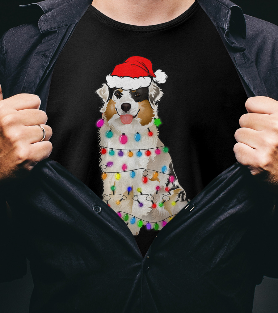 Australian Shepherd Wrapped In Christmas Lights With Santa Hat T-Shirt