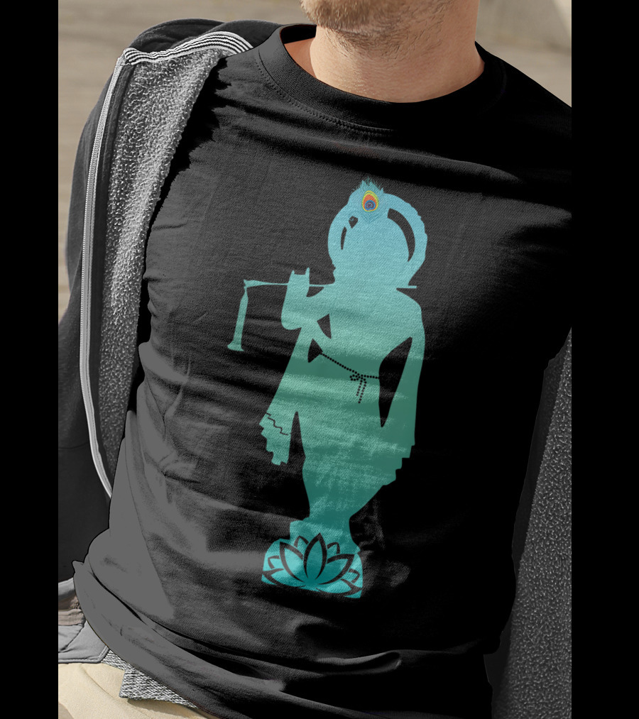 Divine Glory Lord Krishna Flute Silhouette With Peacock Feather And Lotus T-Shirt