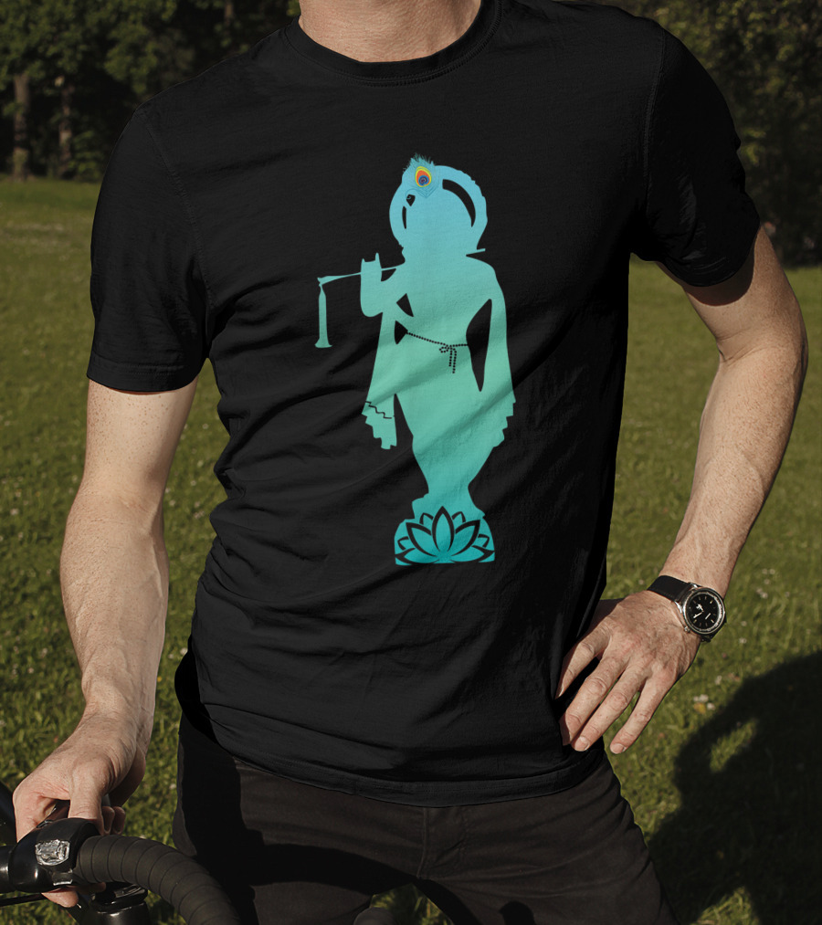 Divine Glory Lord Krishna Flute Silhouette With Peacock Feather And Lotus T-Shirt