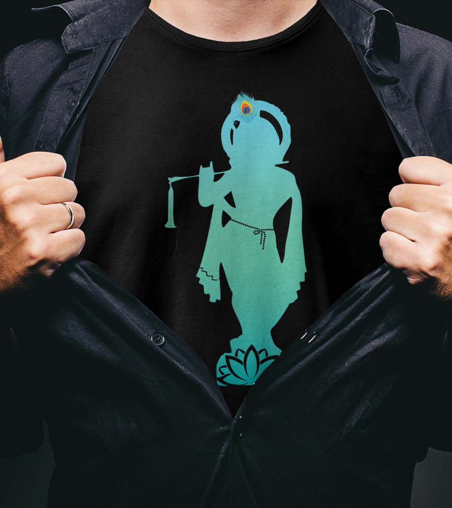 Divine Glory Lord Krishna Flute Silhouette With Peacock Feather And Lotus T-Shirt