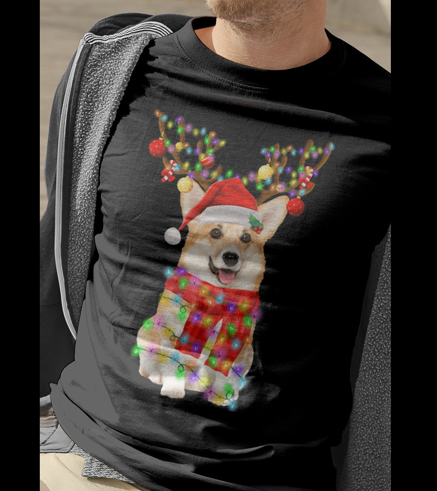 Funny Christmas Corgi Reindeer With Santa Hat And Festive Lights T-Shirt