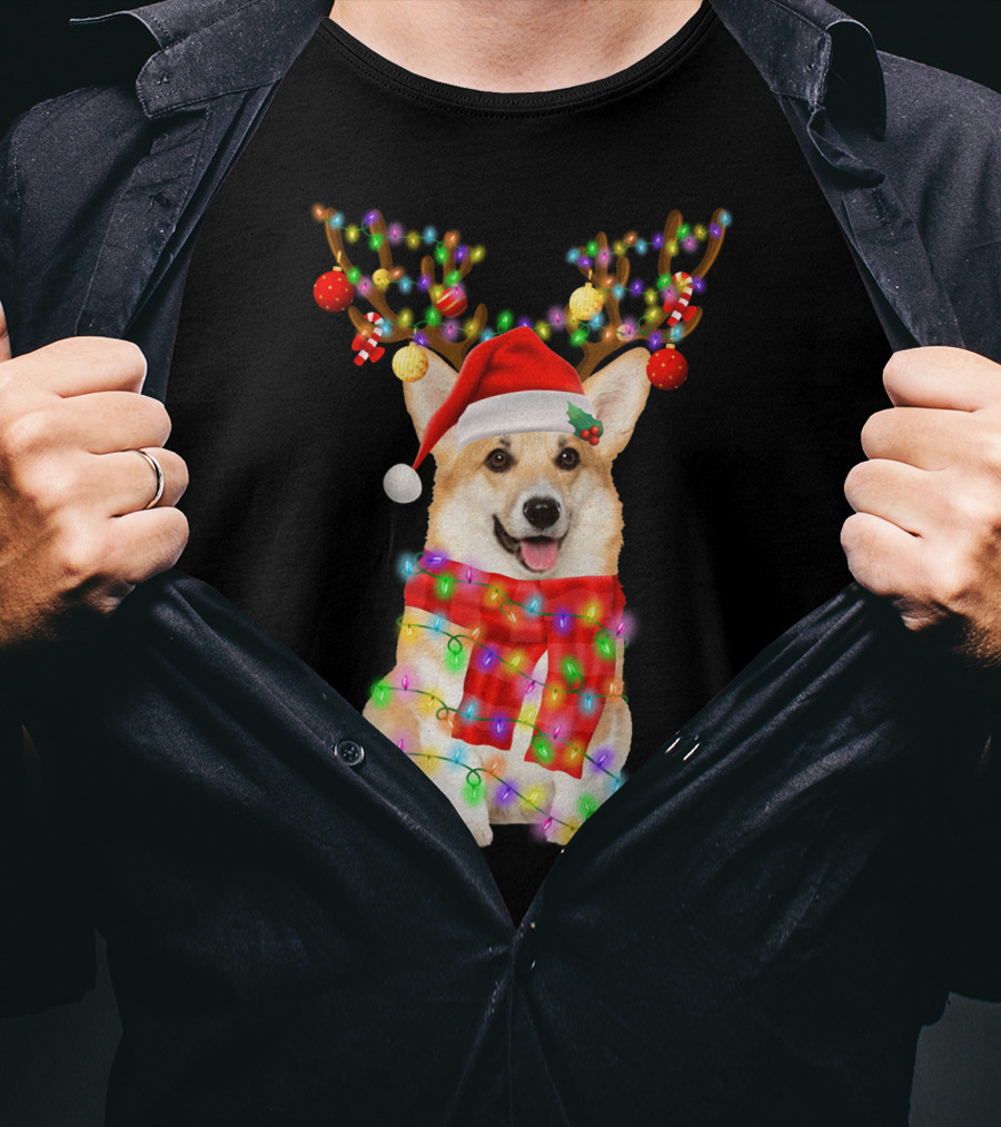 Funny Christmas Corgi Reindeer With Santa Hat And Festive Lights T-Shirt
