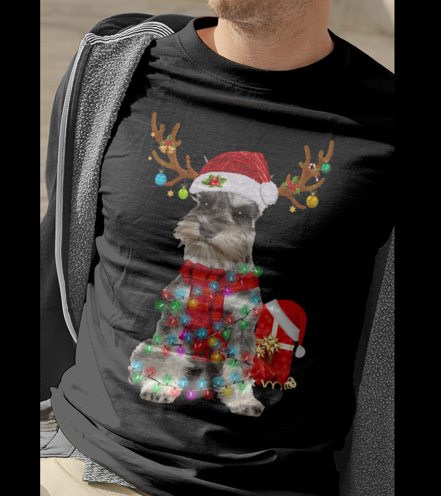 Funny Santa Hat Reindeer Miniature Schnauzer Christmas Lights T-Shirt