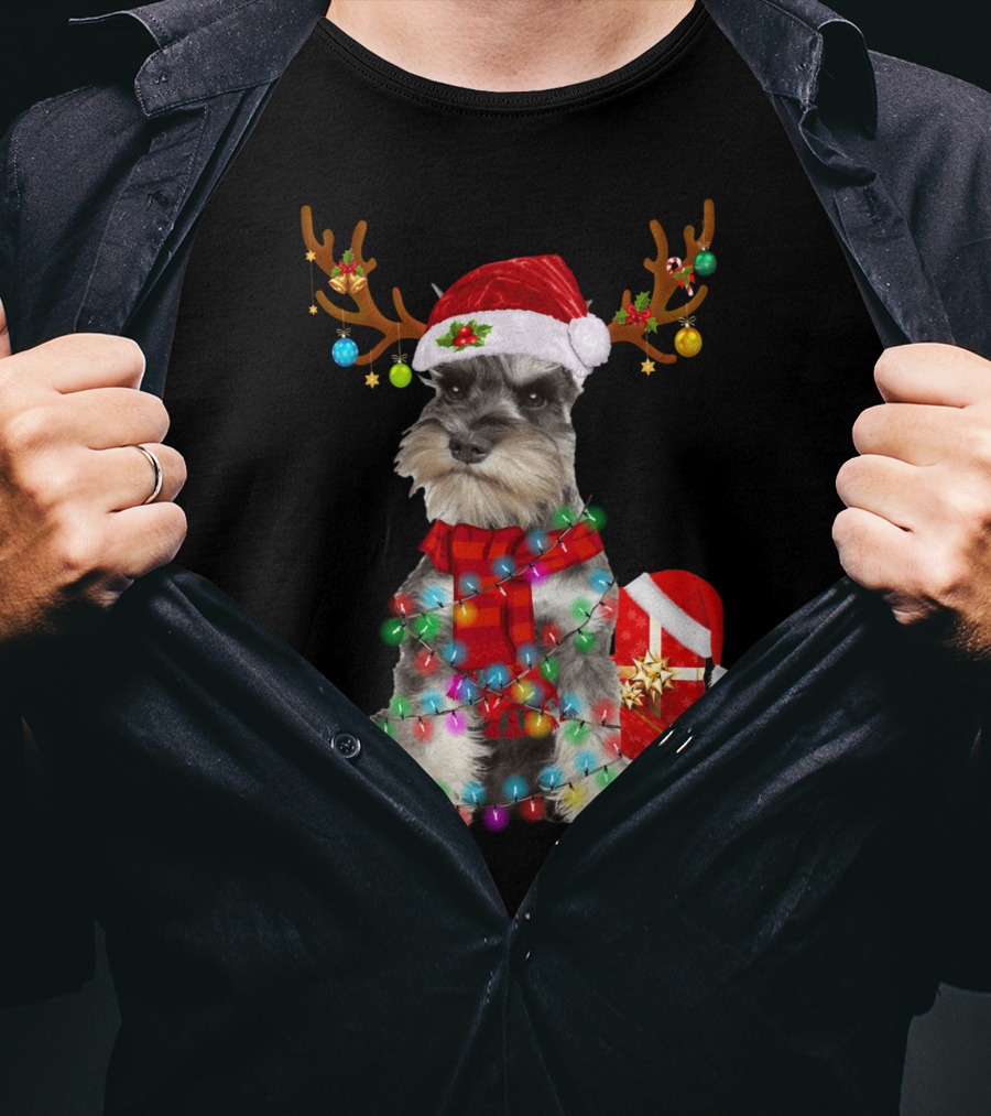 Funny Santa Hat Reindeer Miniature Schnauzer Christmas Lights T-Shirt