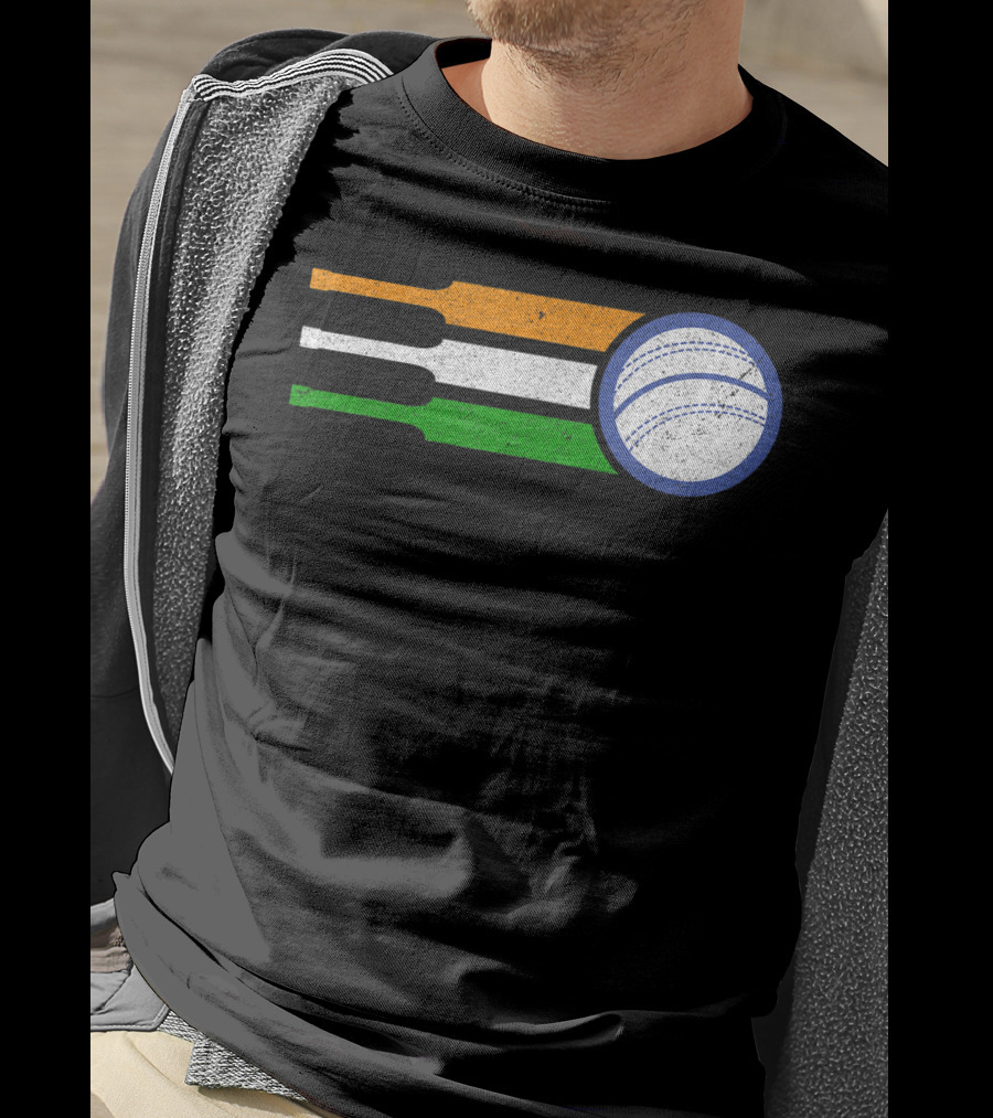 India Cricket Team Fan Flag With Cricket Ball And Tricolor T-Shirt