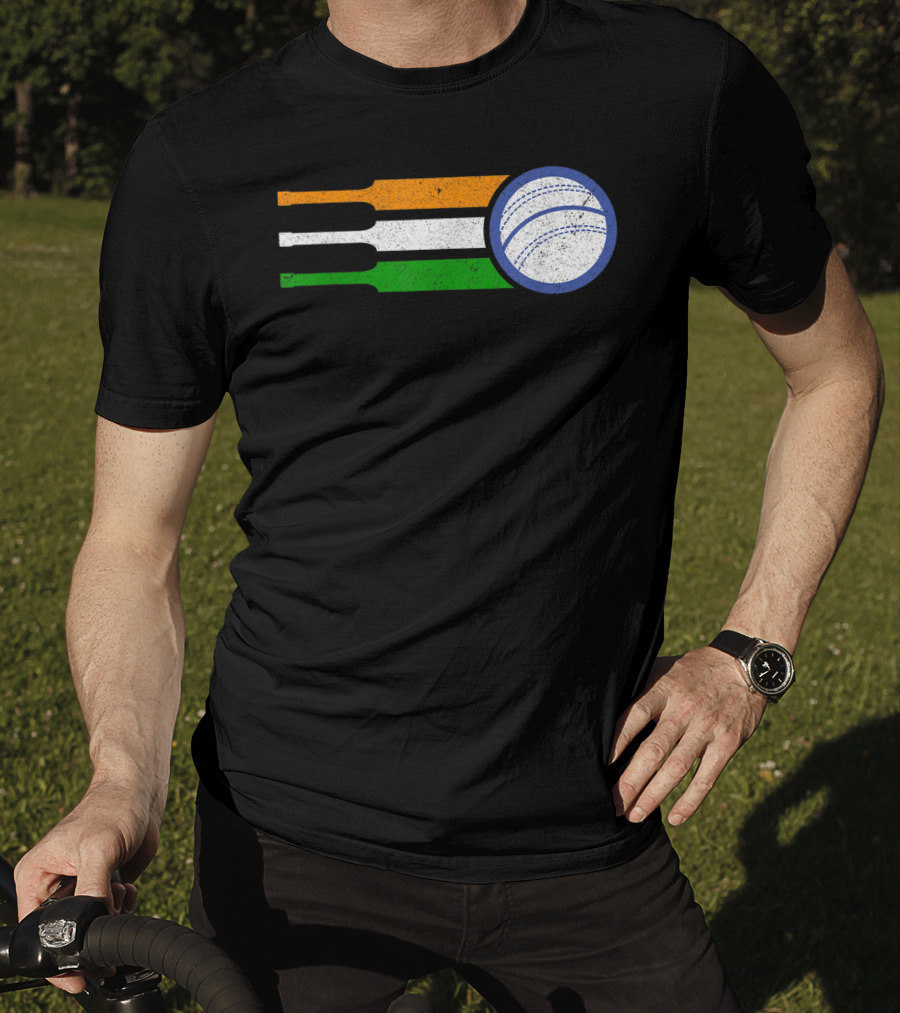 India Cricket Team Fan Flag With Cricket Ball And Tricolor T-Shirt