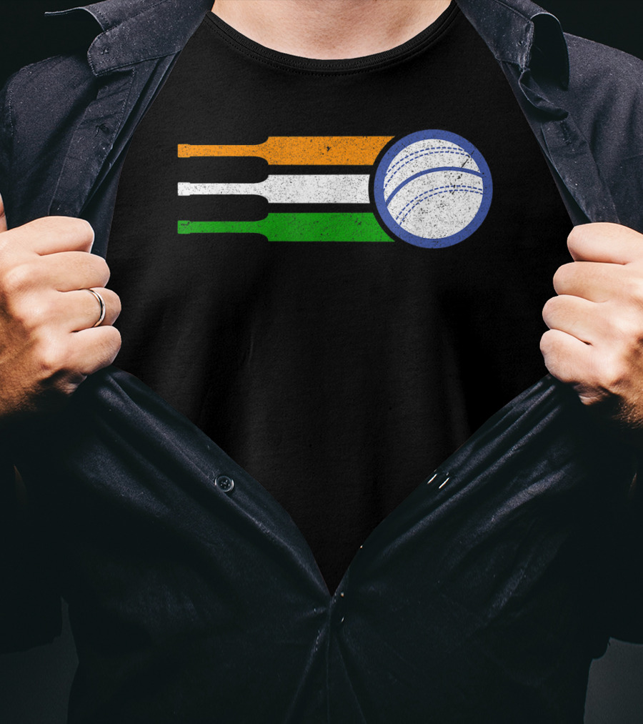 India Cricket Team Fan Flag With Cricket Ball And Tricolor T-Shirt