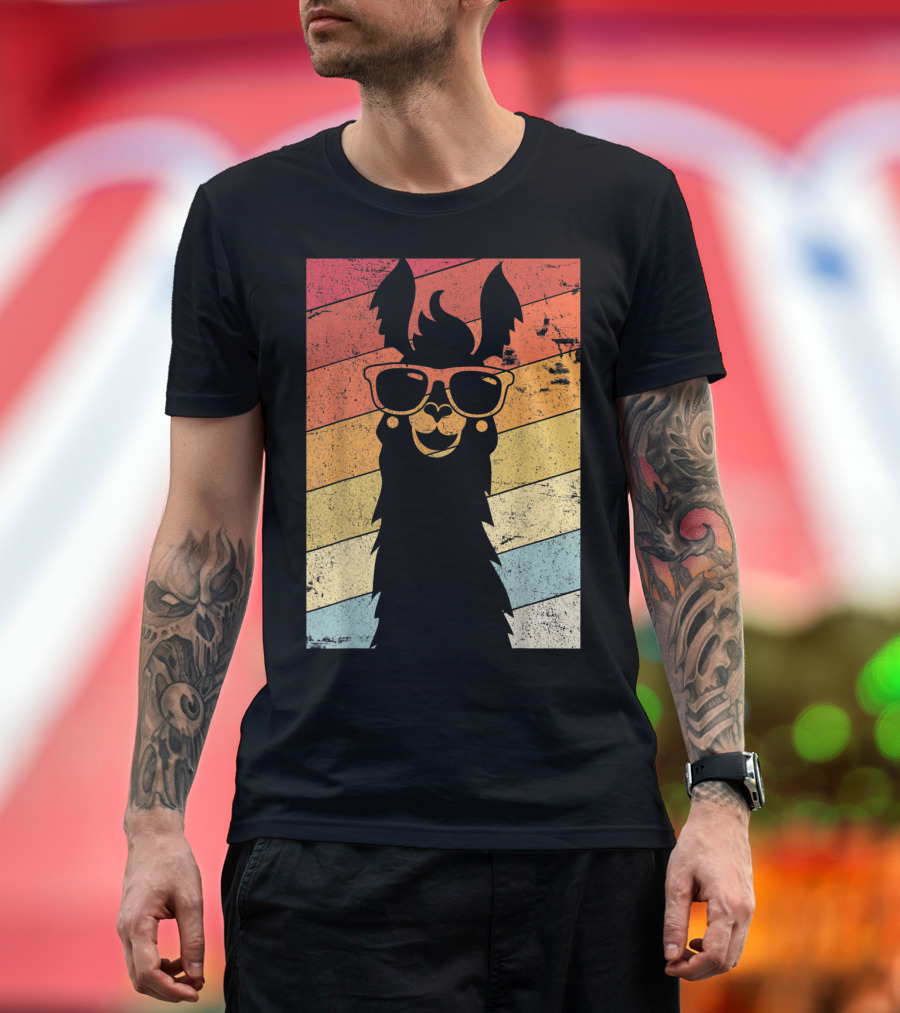 Retro Llama Style Alpaca with Sunglasses on Colorful Stripes T-Shirt