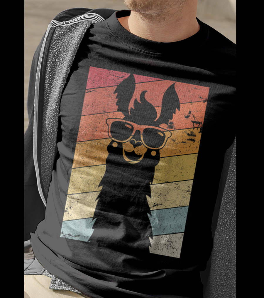 Retro Llama Style Alpaca With Sunglasses On Colorful Stripes T-Shirt