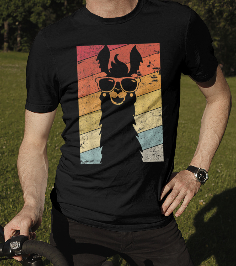Retro Llama Style Alpaca With Sunglasses On Colorful Stripes T-Shirt