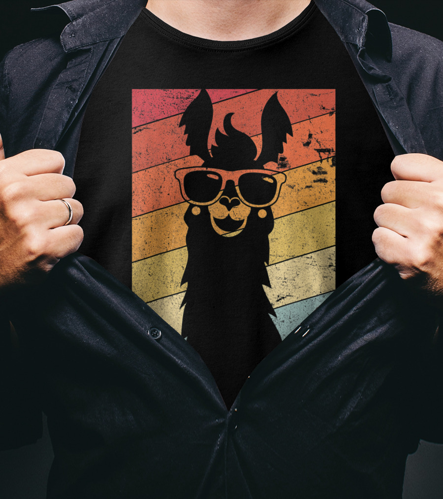 Retro Llama Style Alpaca With Sunglasses On Colorful Stripes T-Shirt