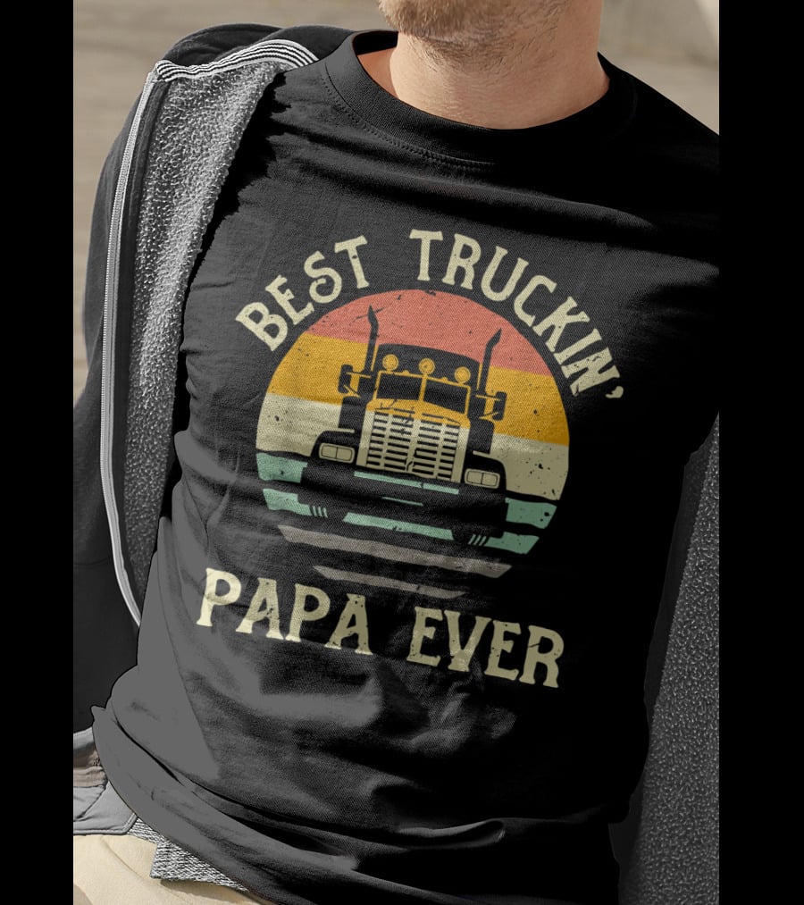Best Truckin' Papa Ever Vintage Sunset Truck T-Shirt