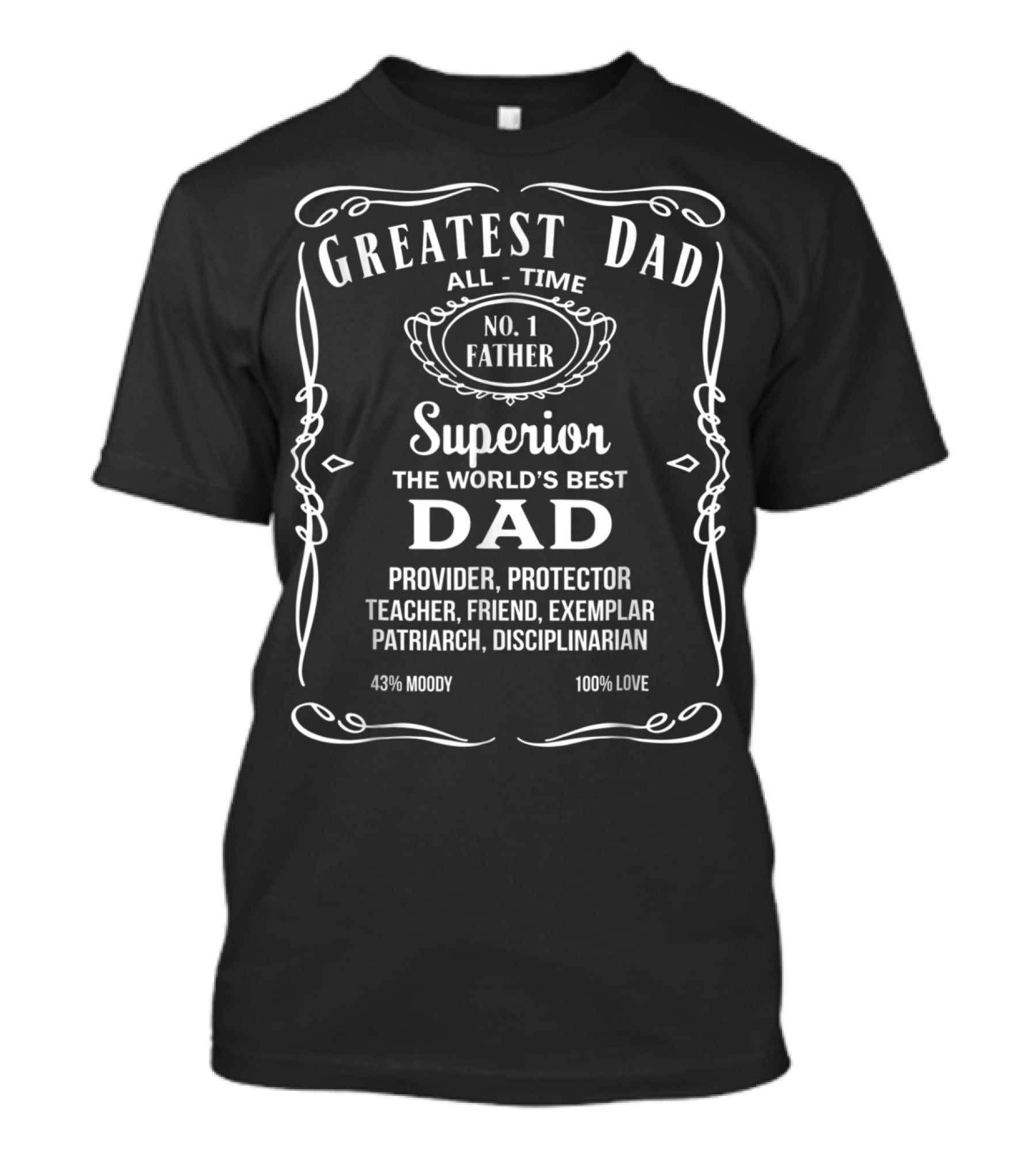 Greatest Dad All Time No. 1 Father Superior The World's Best Dad Provider Protector Teacher Friend Exemplar Patriarch Disciplinarian 43% Moody 100% Love T-Shirt