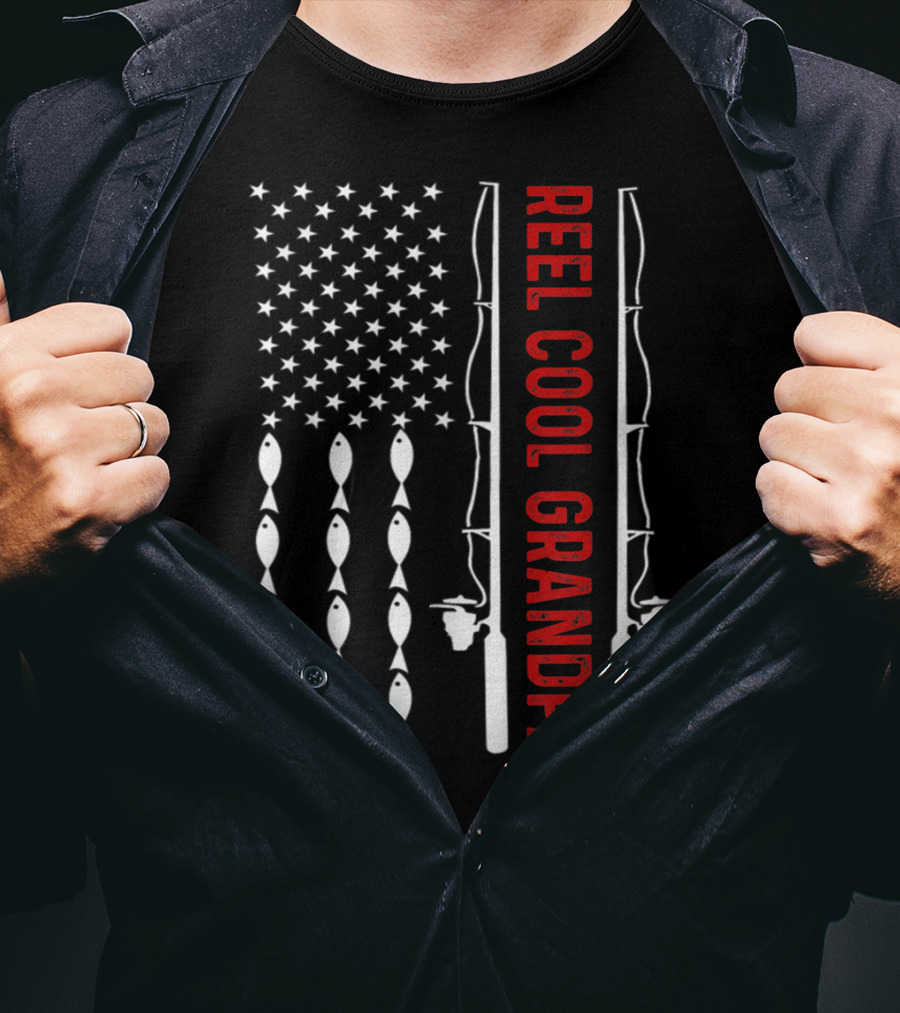 Reel Cool Grandpa Fishing Flag With Stars And Fish Rods T-Shirt