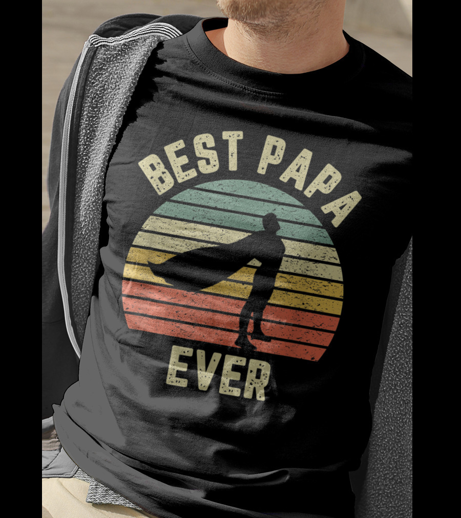 Best Papa Ever Superhero Vintage Retro Stripes T-Shirt