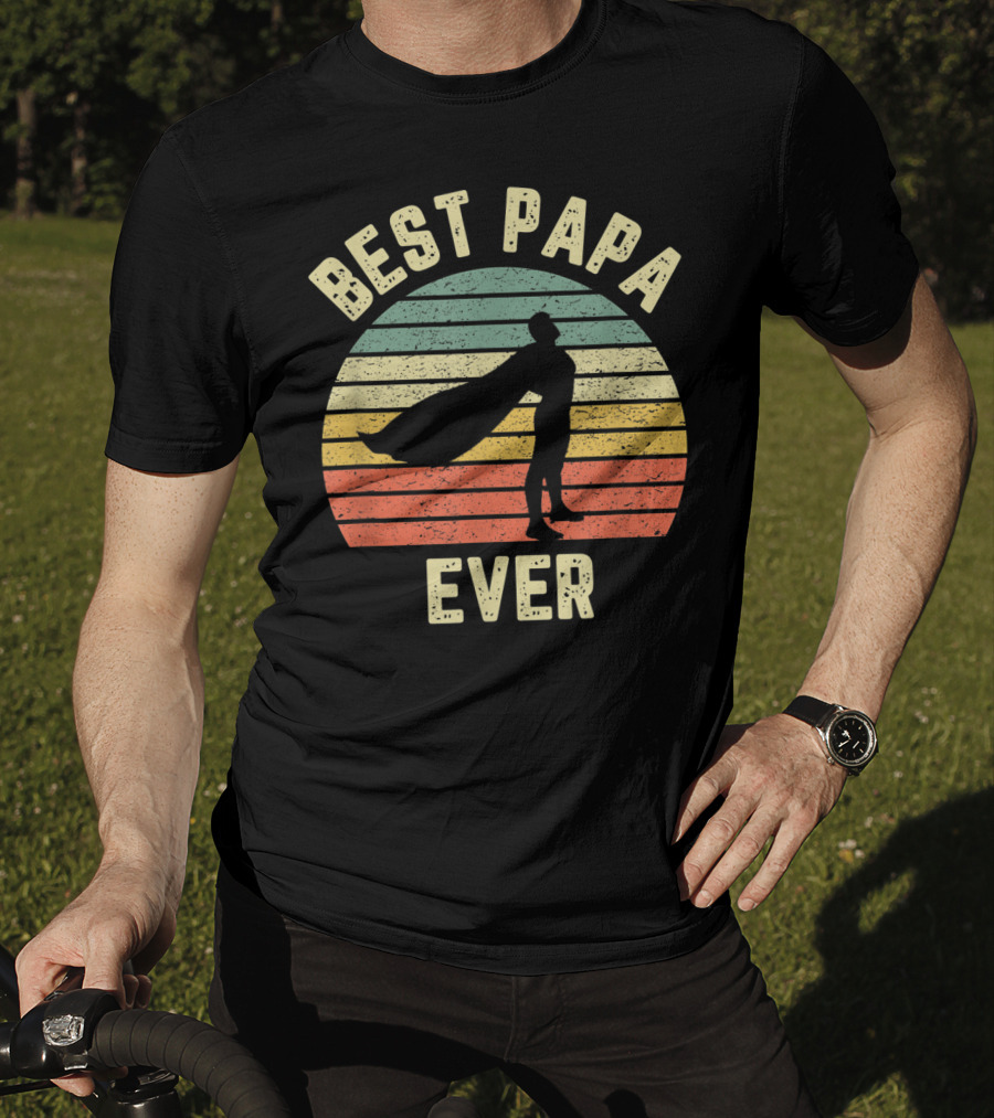 Best Papa Ever Superhero Vintage Retro Stripes T-Shirt
