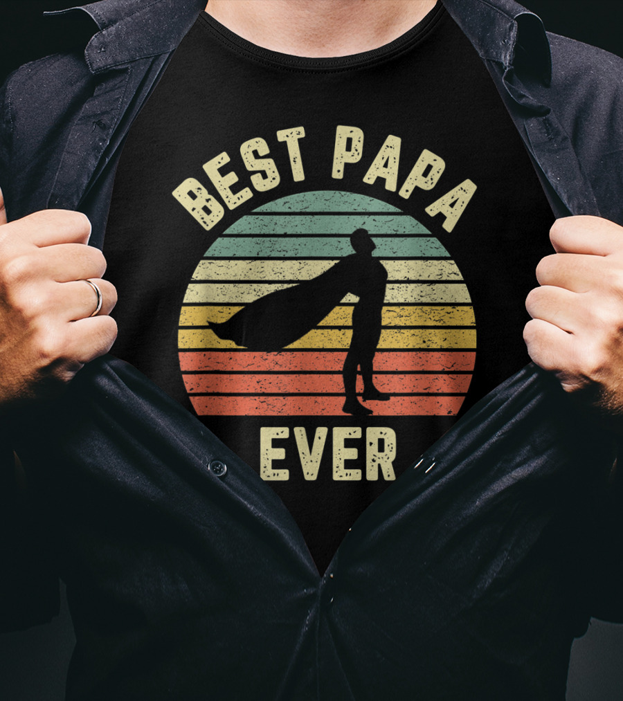 Best Papa Ever Superhero Vintage Retro Stripes T-Shirt