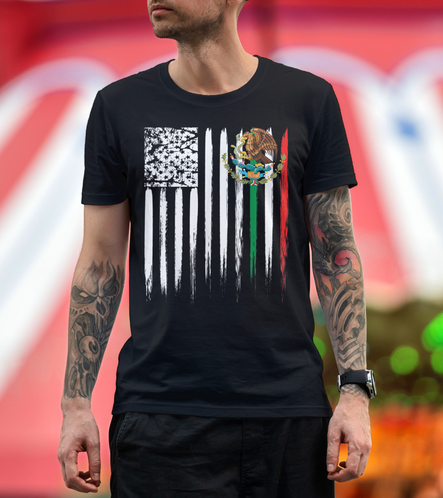 Mexican American Flag with Eagle and Serpent Symbol on Distressed Stripes T-Shirt