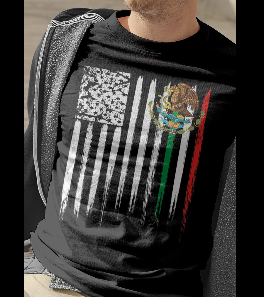 Mexican American Flag With Eagle And Serpent Symbol On Distressed Stripes T-Shirt