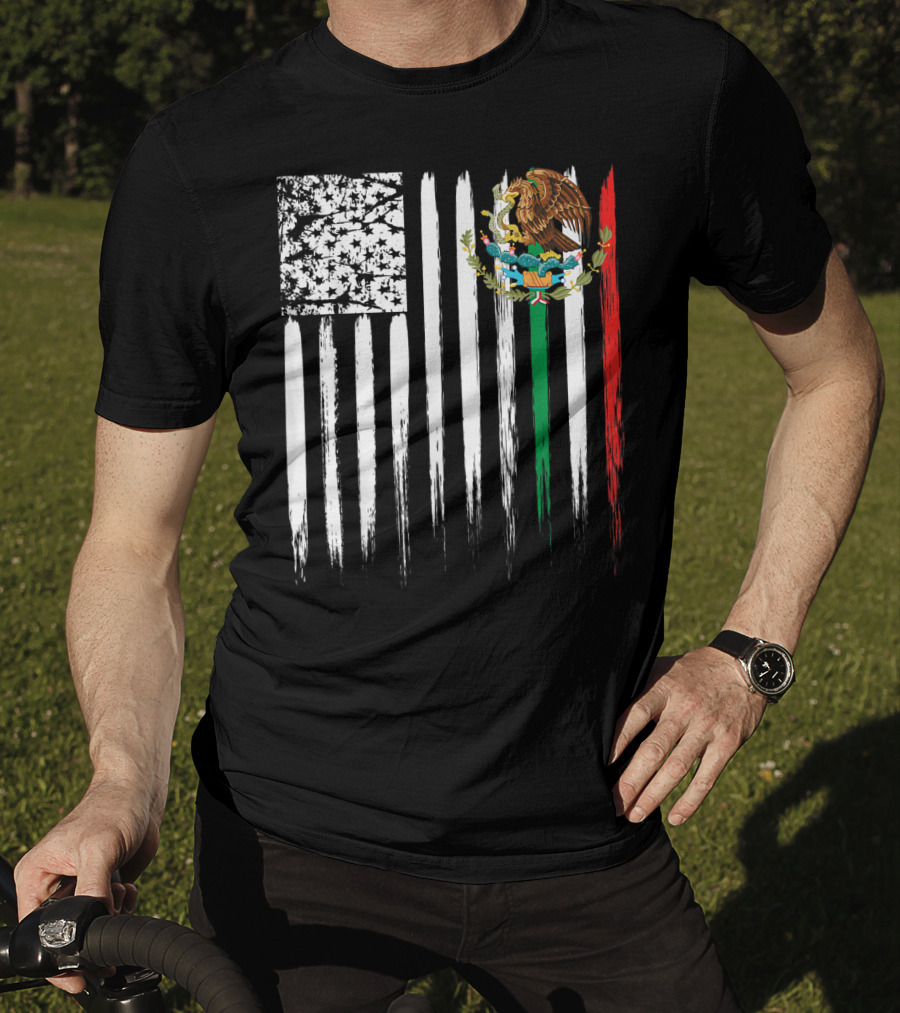 Mexican American Flag With Eagle And Serpent Symbol On Distressed Stripes T-Shirt