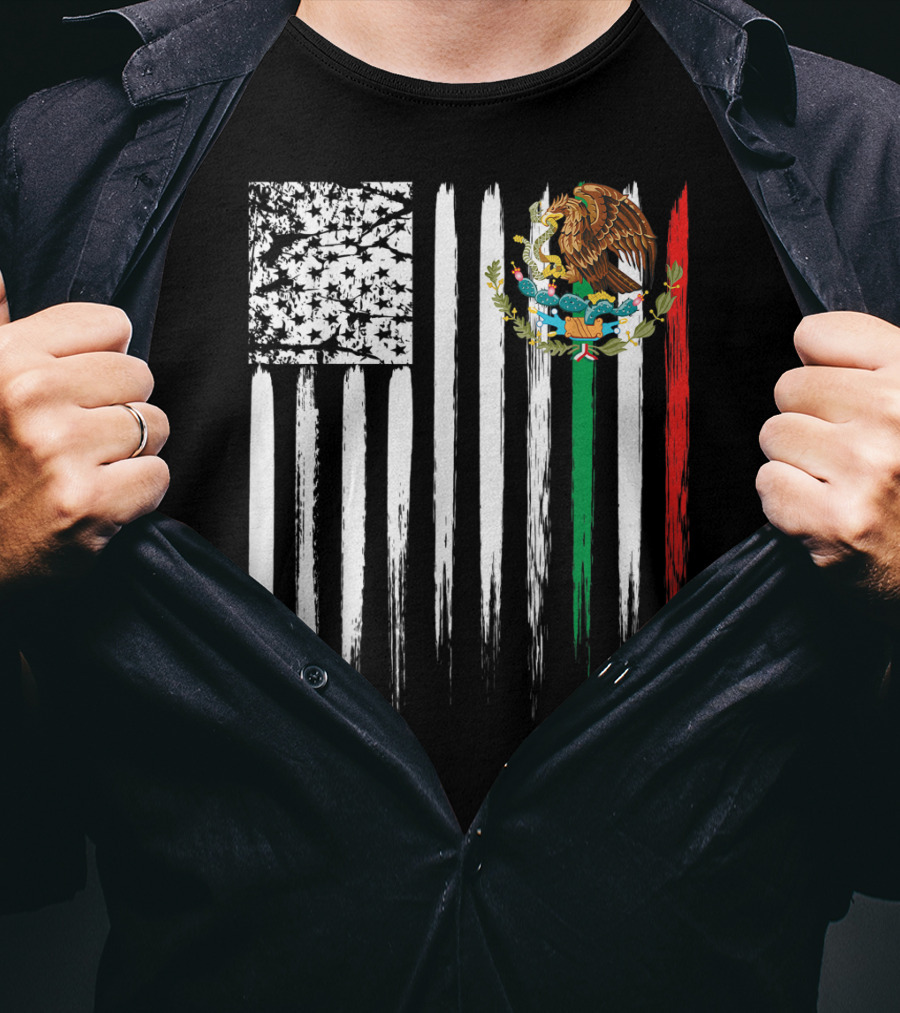 Mexican American Flag With Eagle And Serpent Symbol On Distressed Stripes T-Shirt